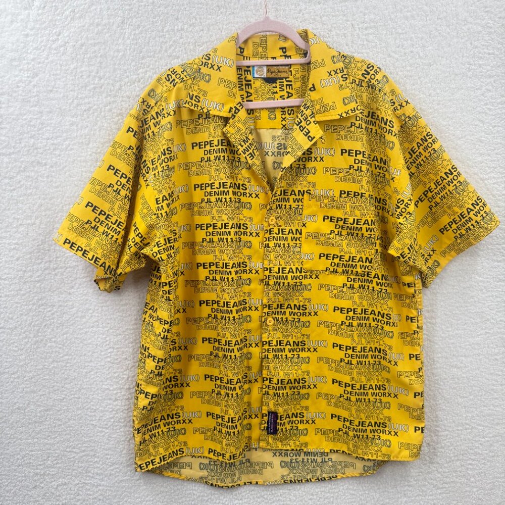 Pepe Jeans London Denim Worxx Logo Button Down yellow short sleeve Shirt Size L